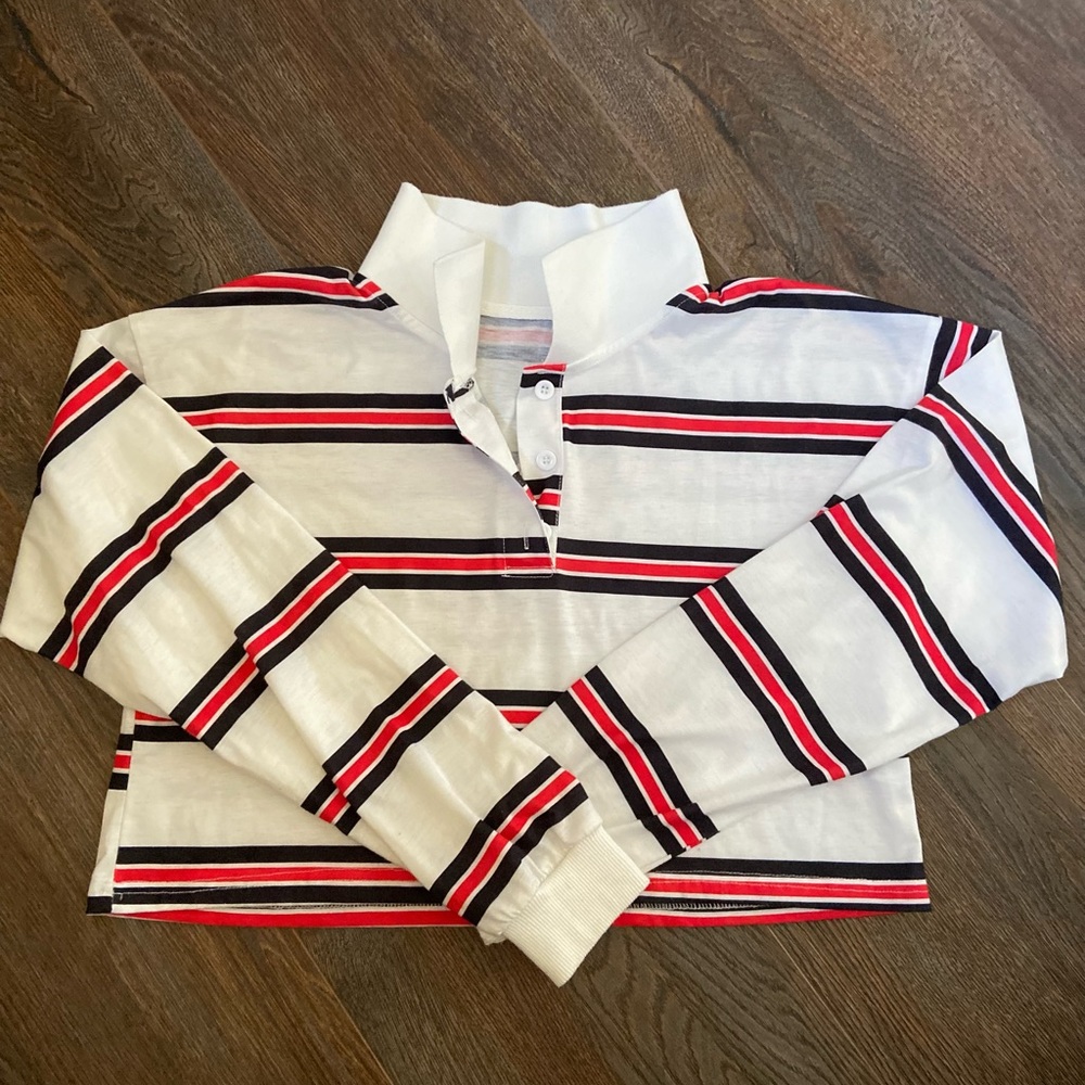 Shein red and black striped cropped polo top